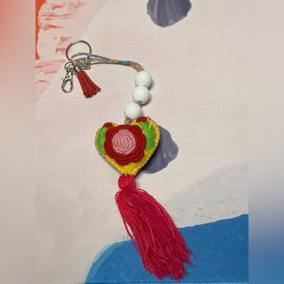 Handmade Embroidered Floral Heart & Tassel Keychain Charm - Picture 1 of 6